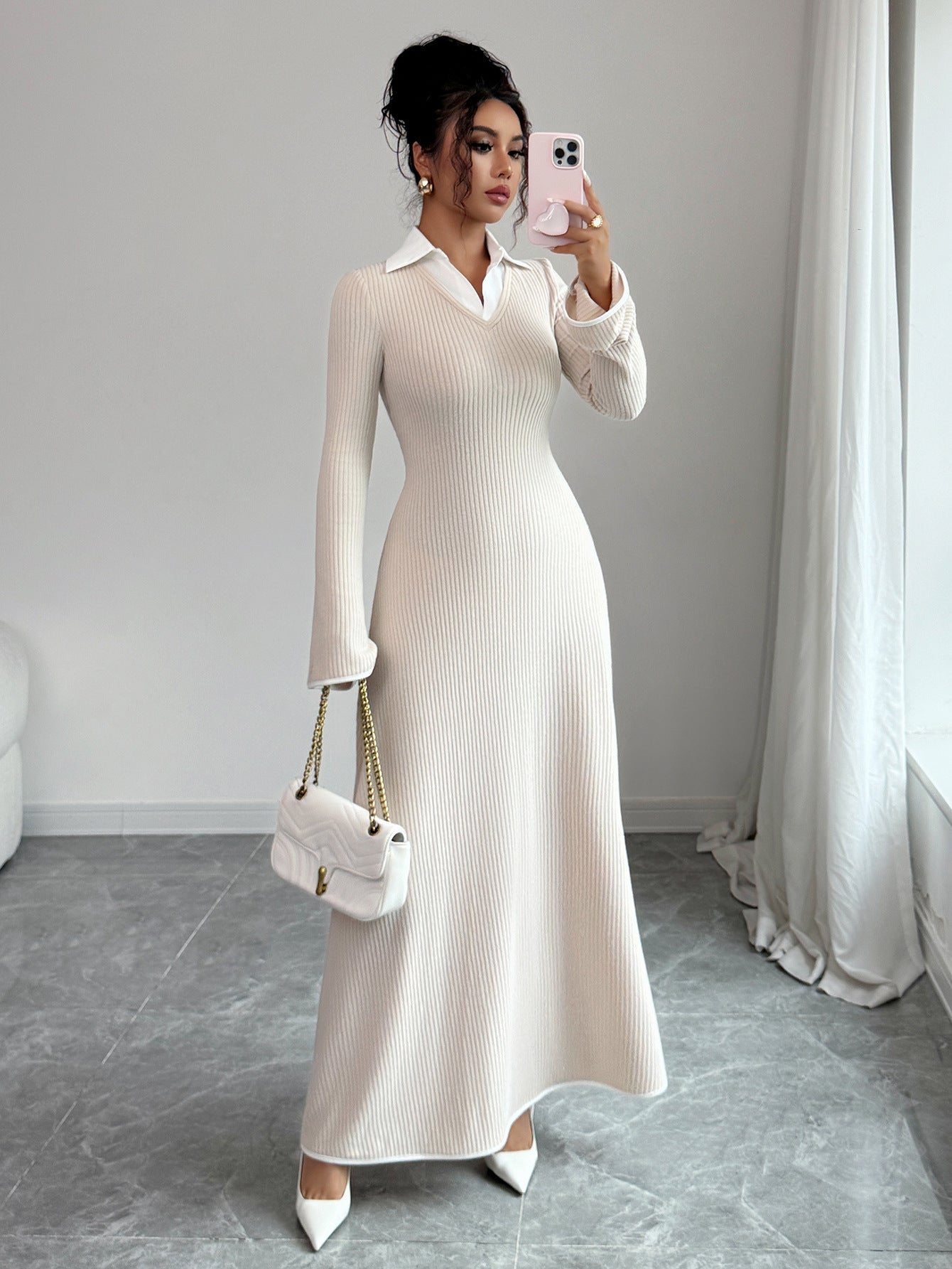 Minimalist Solid Long Sleeve Maxi Dress