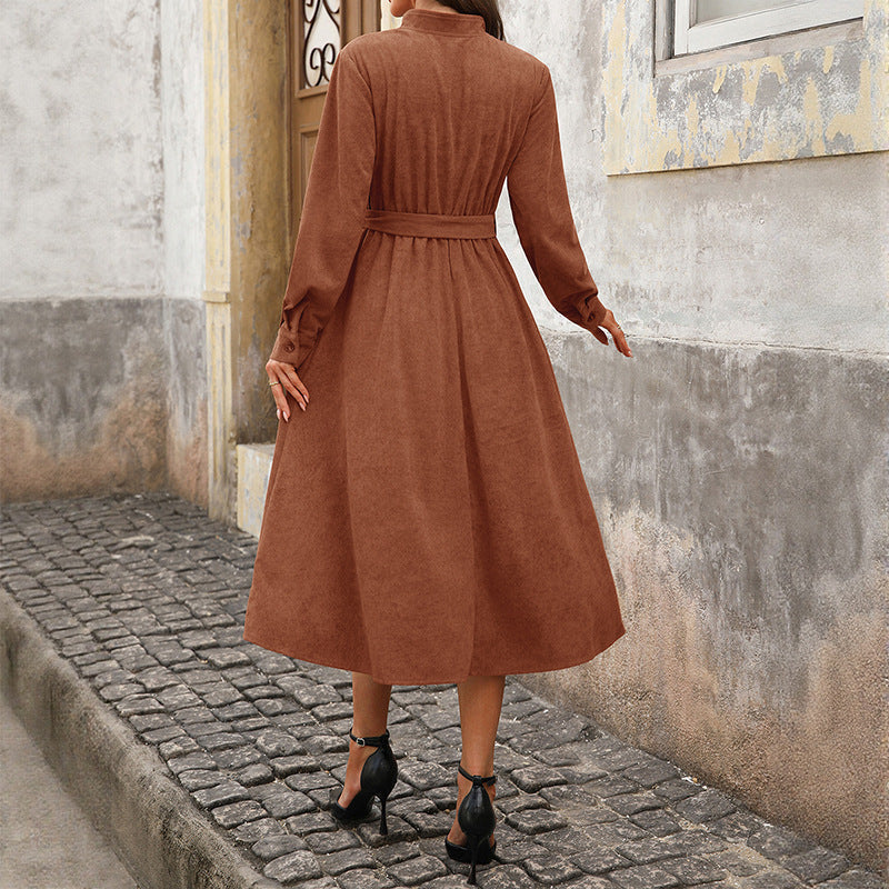 Button-Down V-Neck Dress with Tie Waist