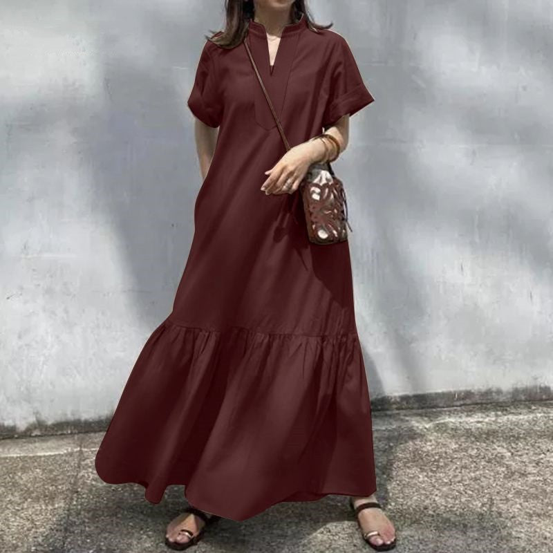 Stand Collar V-Neck Short Sleeve A-Line Maxi Dress