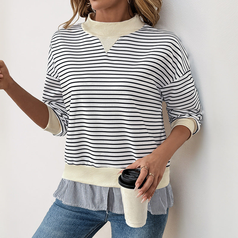 Striped Long-Sleeve Sweatshirt with Ruffled Hem
