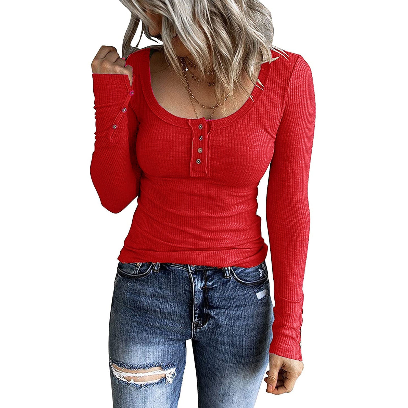 Button Detail V Neck Long Sleeve Top