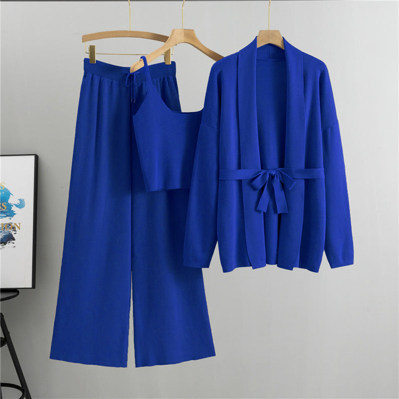 Knit Cardigan Camisole and Wide-Leg Pants Set