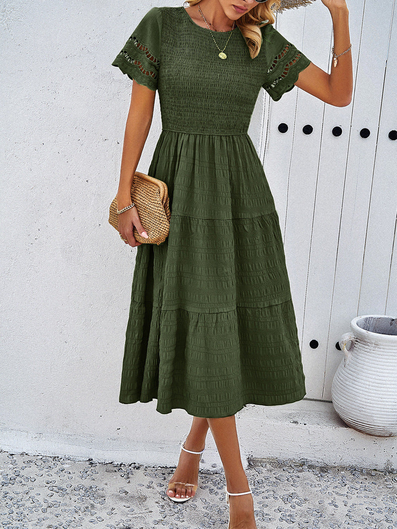 Ruched Solid Short Sleeve A Line Maxi Dress