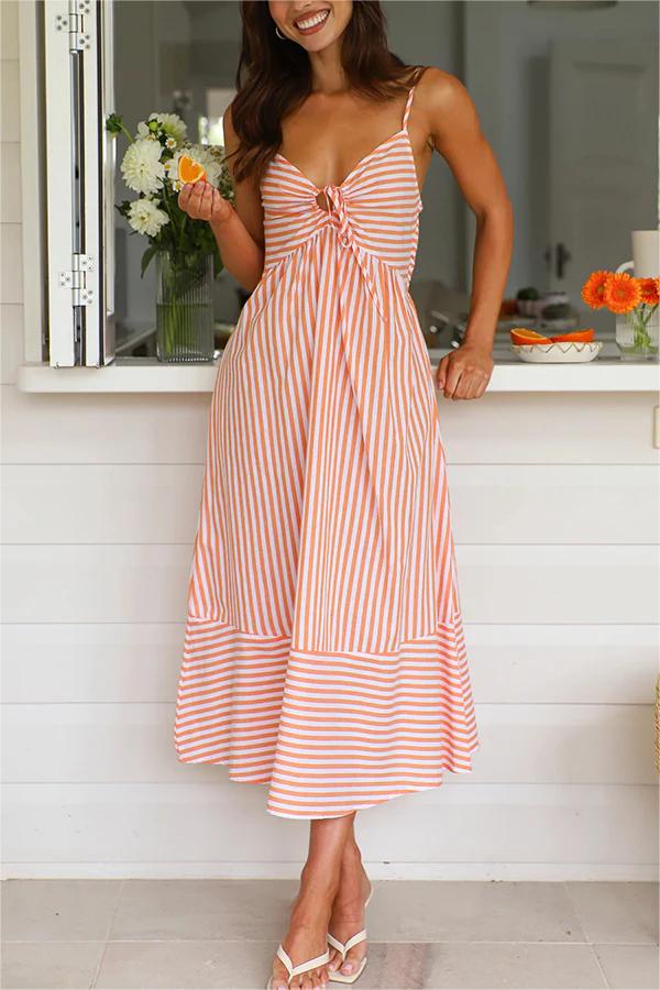 Striped Lace-Up V-Neck Cami Dress
