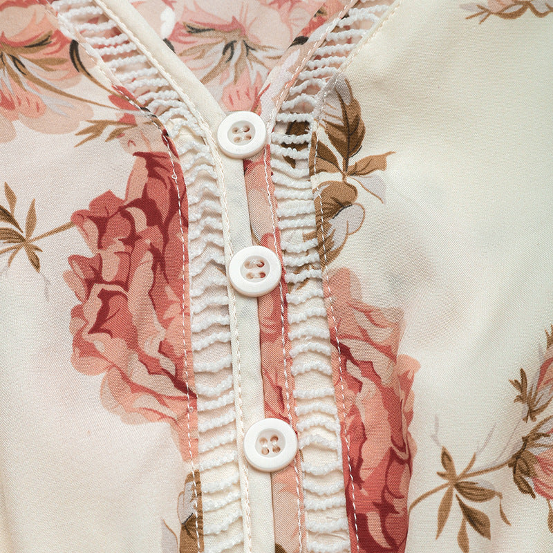 Women Floral Print Lace Patchwork Dress