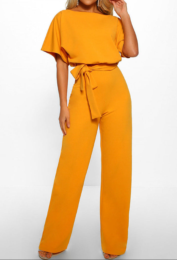 Button Tie Short Sleeve Straight Leg Jumpsuit