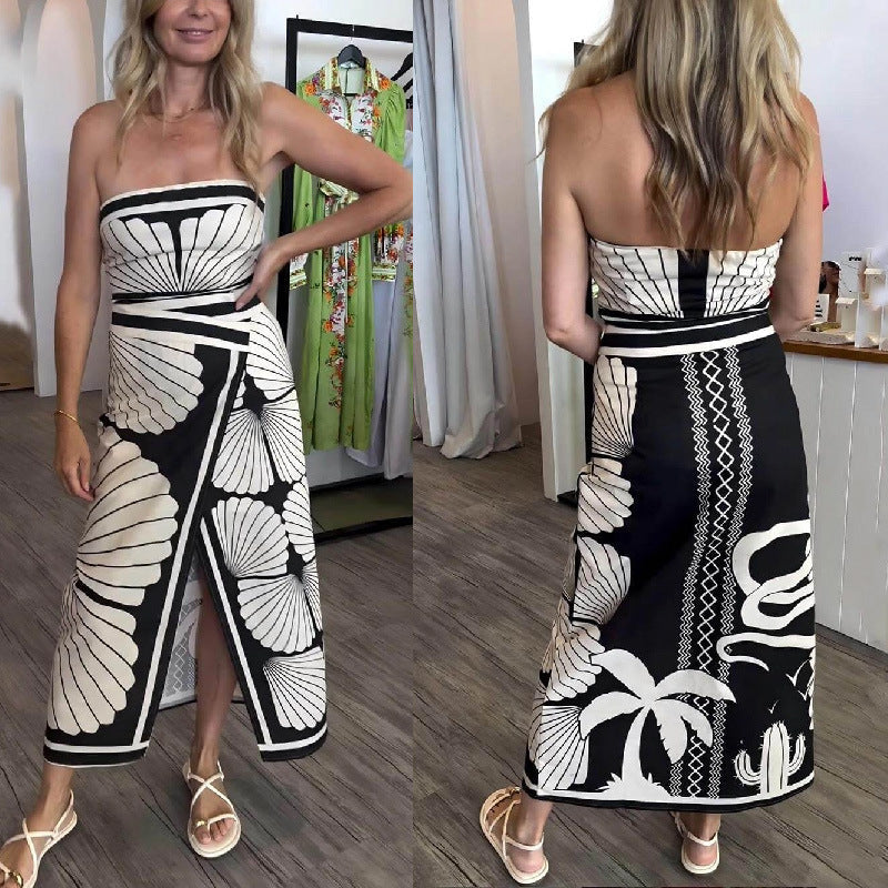 Strapless Shell Print Backless Slit Dress