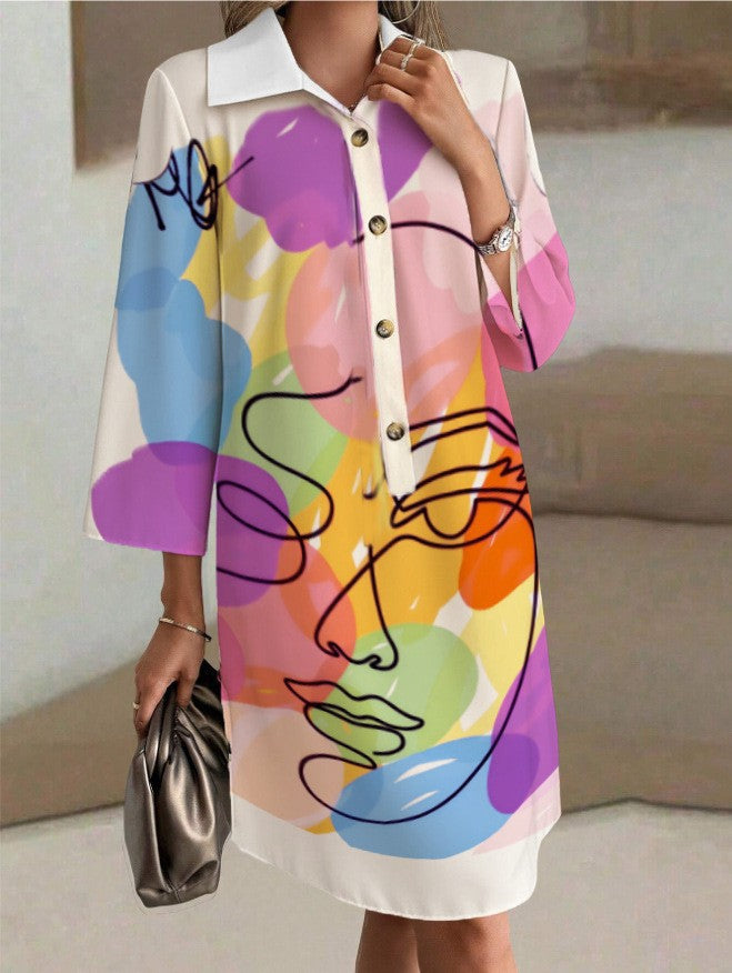 Printed Mid-Sleeve Loose Shirt Dress