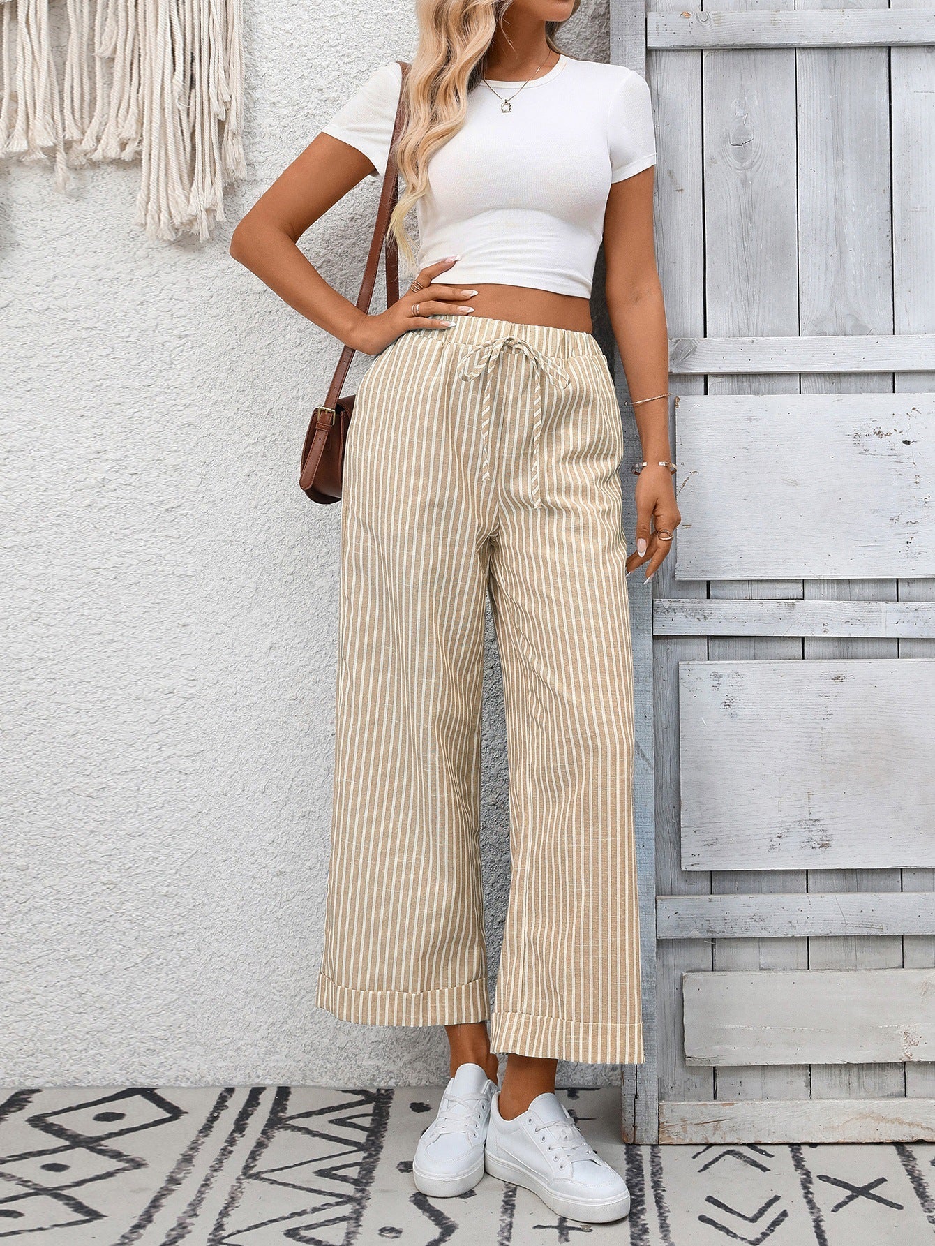 Women Striped High Waist Cropped Pants