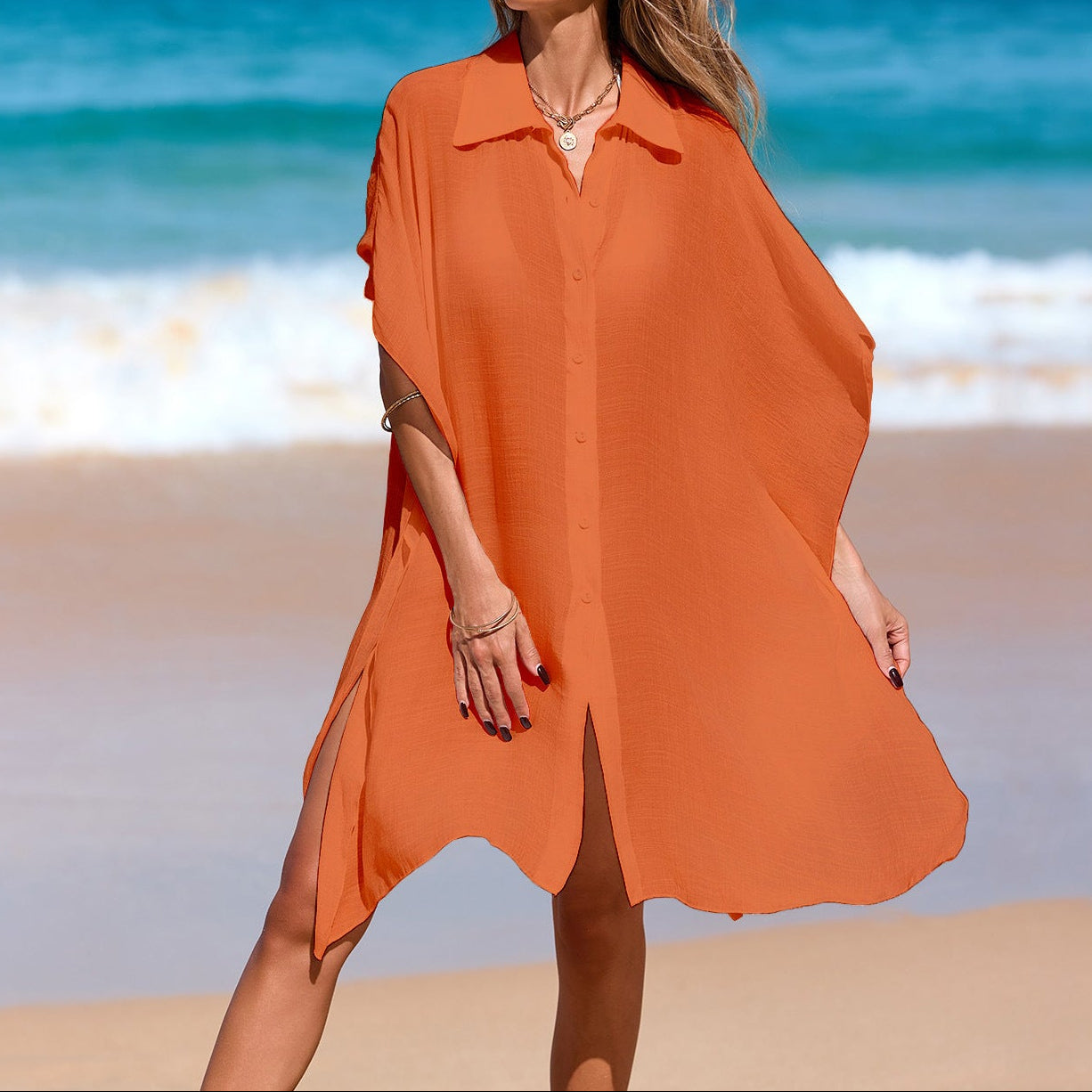 Women's Polo Collar Beach Cover Up Shirt