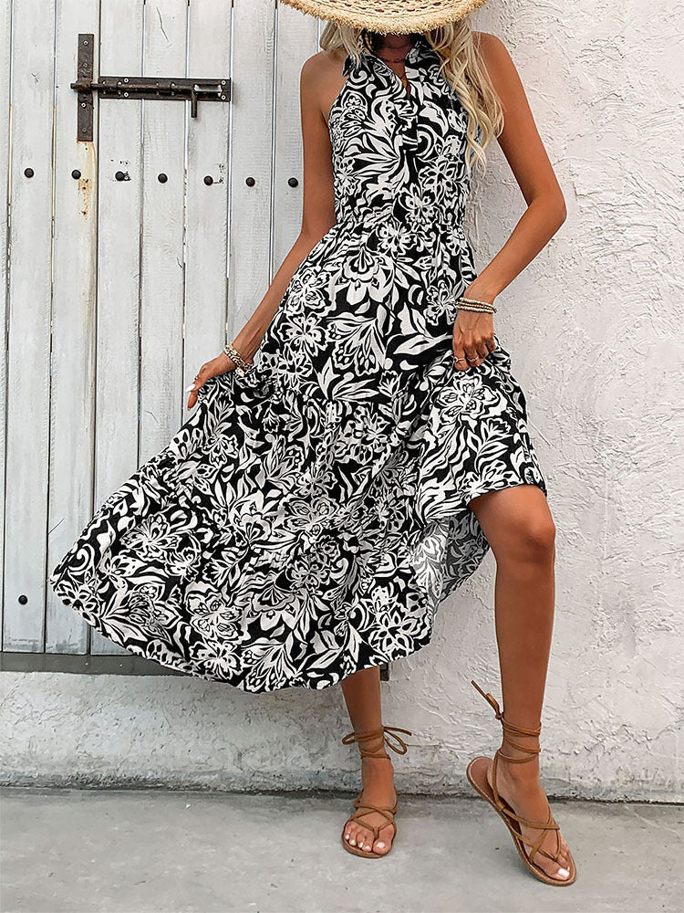 Halter Neck Linen Maxi Dress Sleeveless High Waist