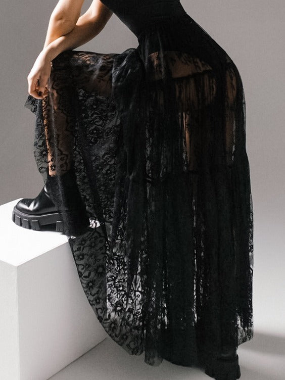 High Waist Lace Sheer Pleated Midi Skirt