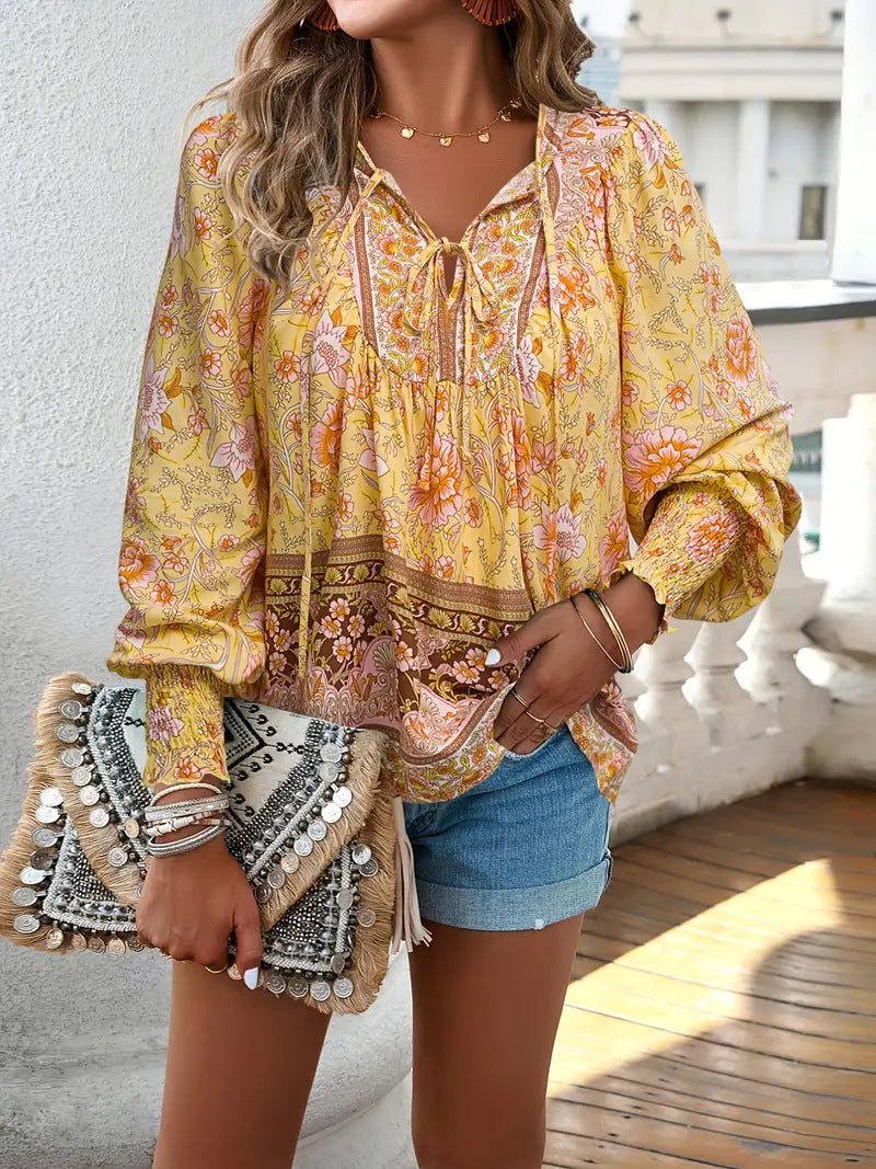 Boho Print V-Neck Tie Blouse