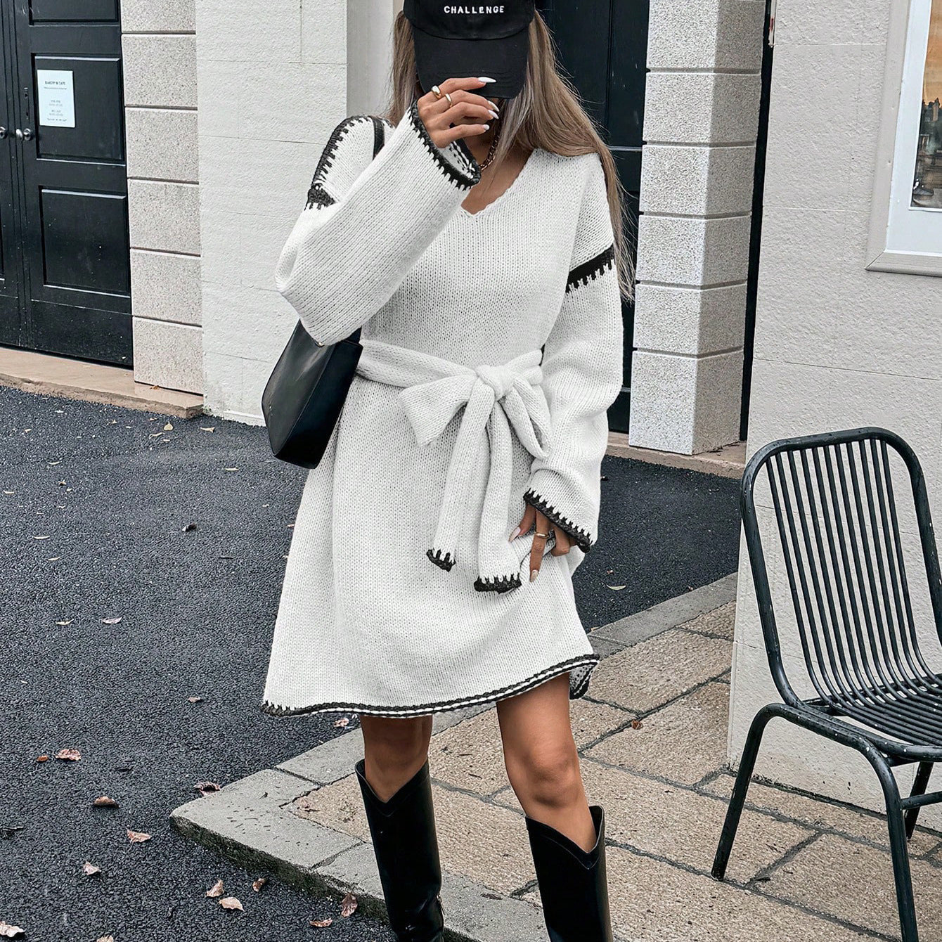 Relaxed V-Neck Knit Dress with Tie Waist