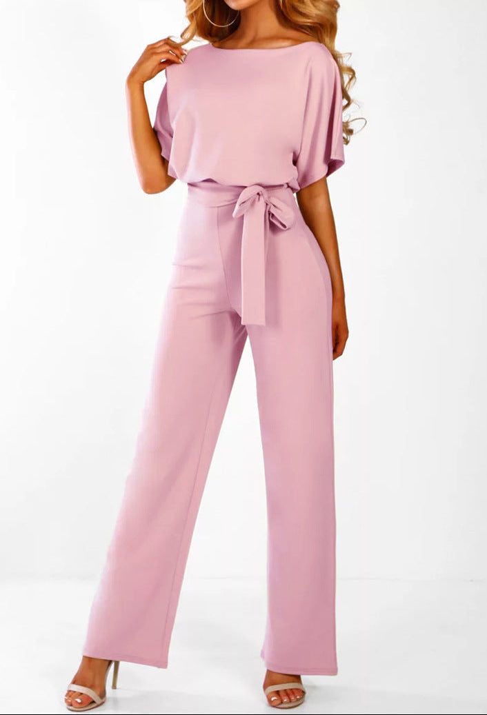 Button Tie Short Sleeve Straight Leg Jumpsuit