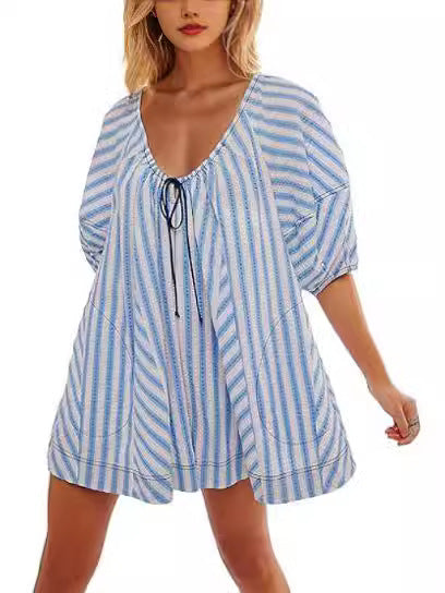Striped Short Sleeve Deep V Wide Leg Jumpsuit