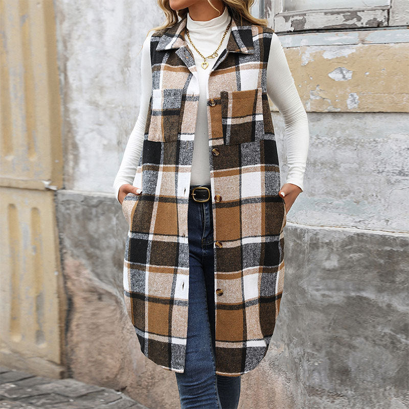 Plaid Button-Up Sleeveless Vest with Pockets