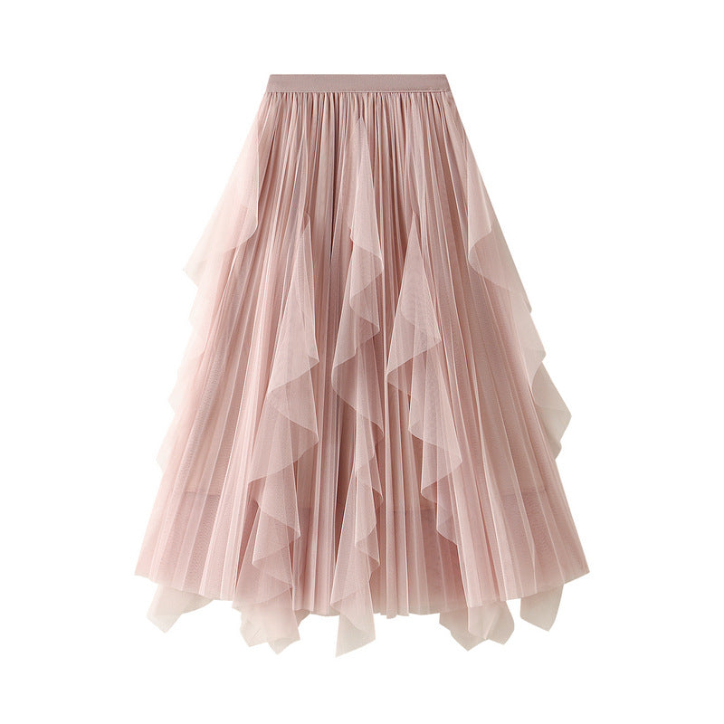 High Waist Ruffle Mesh Pleated Midi Skirt