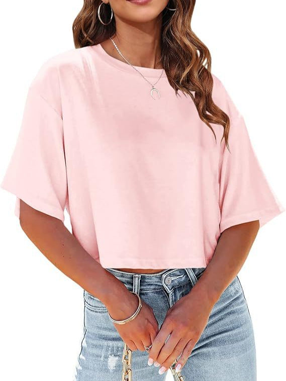 Women's Loose Cropped T-Shirt Casual Solid Short Sleeve Tee