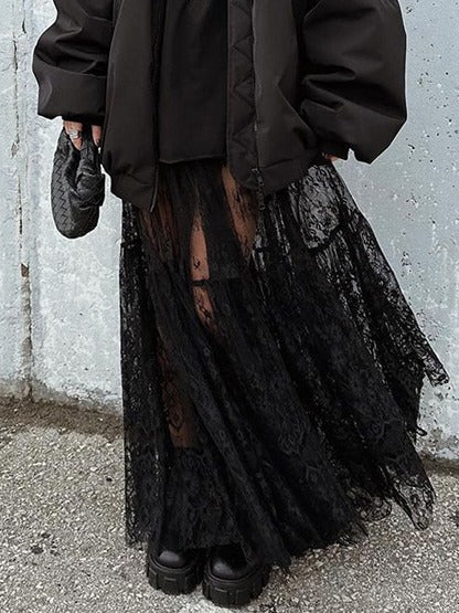 High Waist Lace Sheer Pleated Midi Skirt