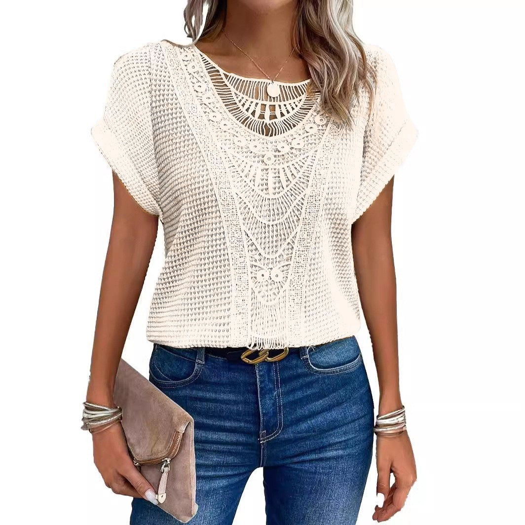 Floral Lace Trim V-neck Short Sleeve Blouse