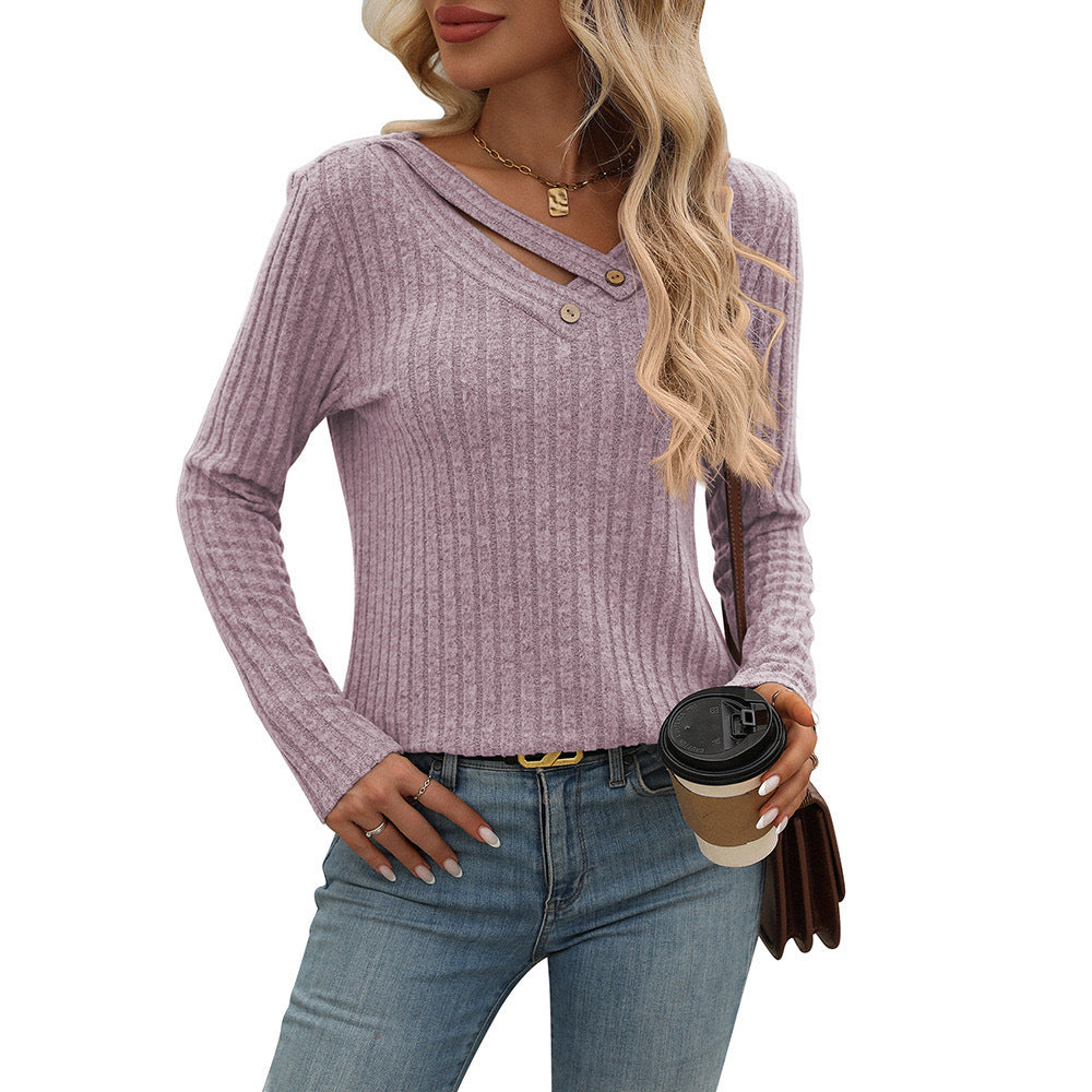 Relaxed Fit V-Neck Button Ribbed Top