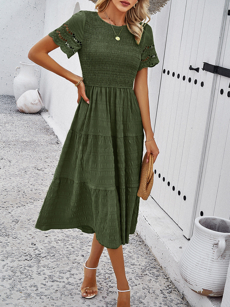 Ruched Solid Short Sleeve A Line Maxi Dress