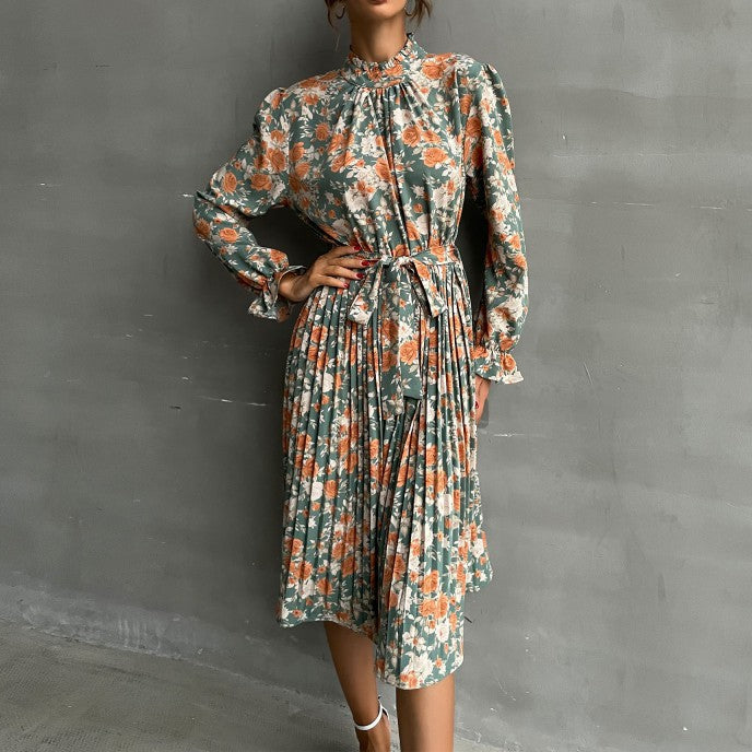 Floral Pleated Long Sleeve Dress with Belt