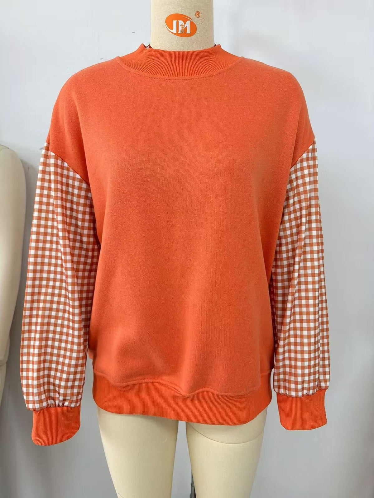 Women's Gingham Sleeve Pullover, Relaxed Fit Mock Neck Top with Ribbed Trim