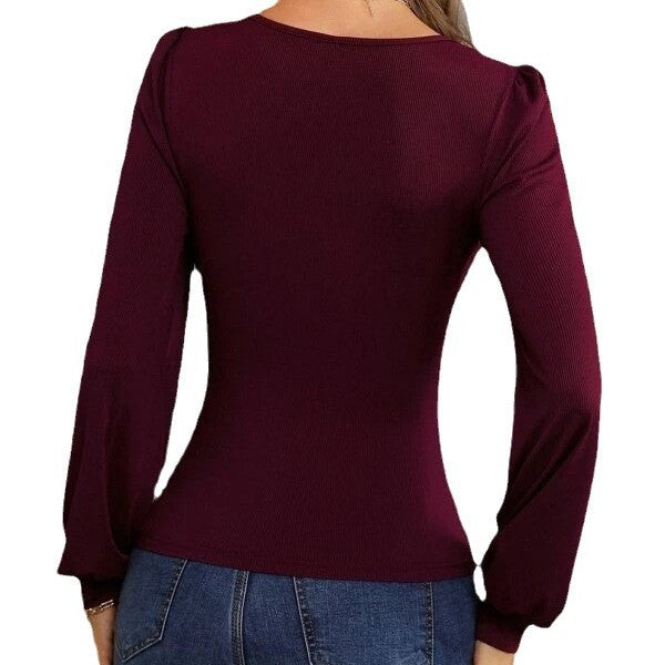 V-Neck Long Sleeve Bodysuit with Puff Sleeves