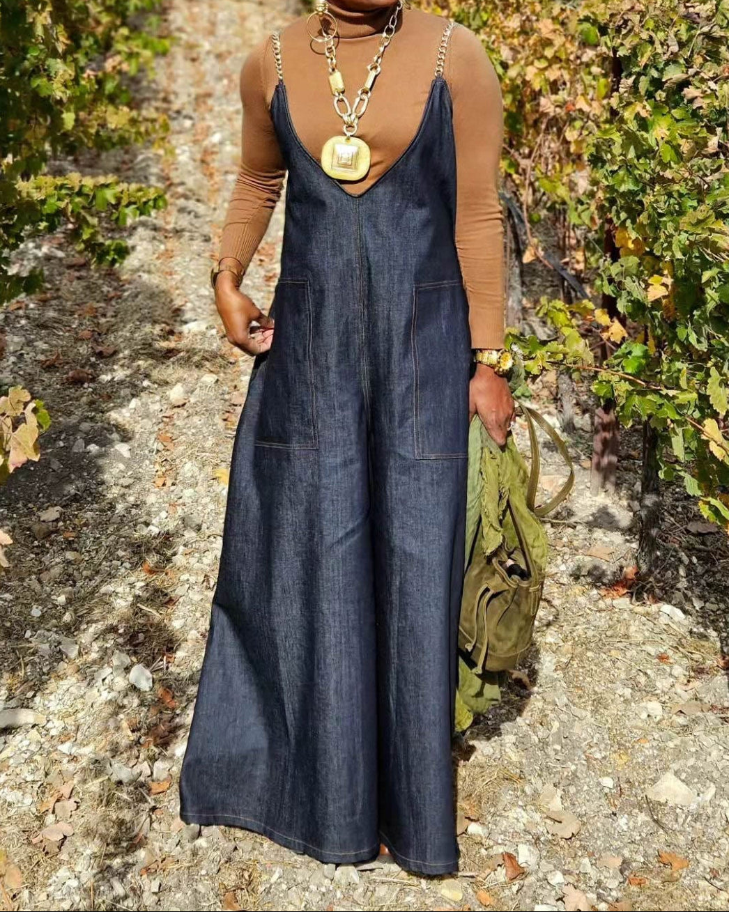 Metal Strap Faux Denim Pocket Jumpsuit