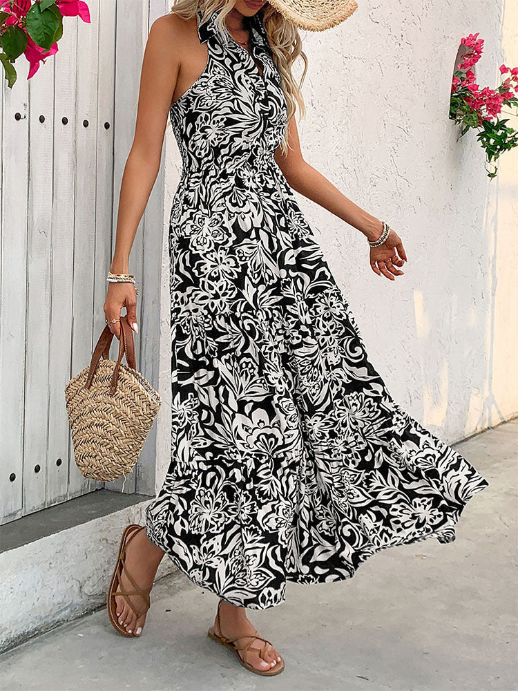 Halter Neck Linen Maxi Dress Sleeveless High Waist