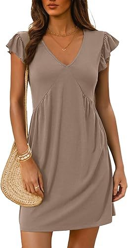 V Neck Ruffle Sleeve Ruched Mini Dress