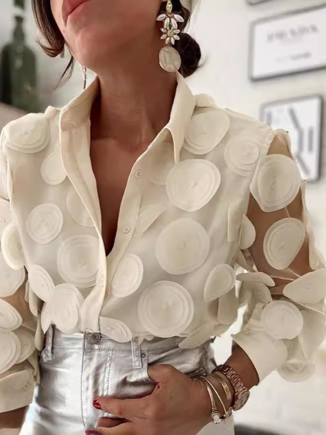 Sheer Mesh Embroidered Long Sleeve Blouse