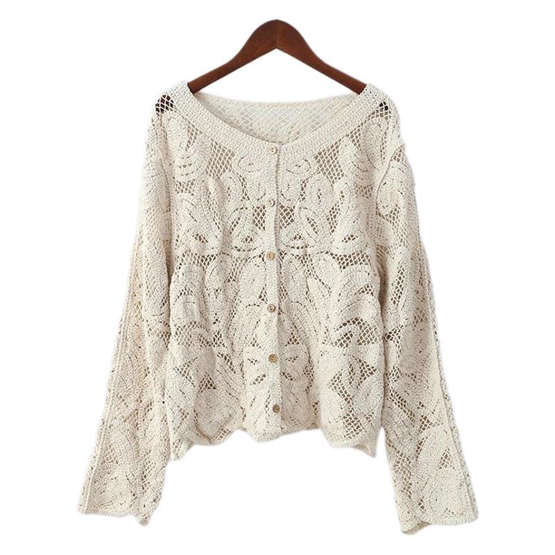 Openwork Knit Button Long Sleeve Top