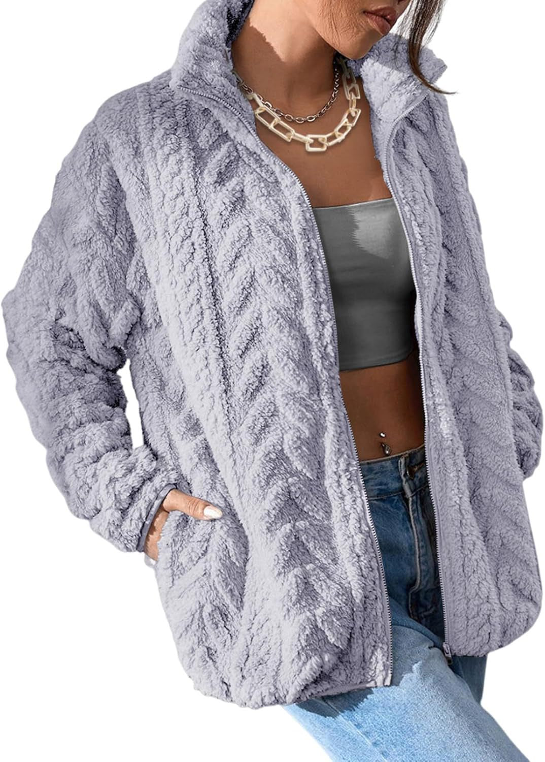 Solid Zip-Up Stand Collar Fleece Jacket