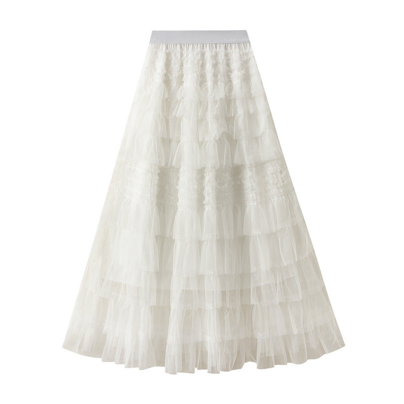 High Waist Layered Mesh A-Line Maxi Skirt