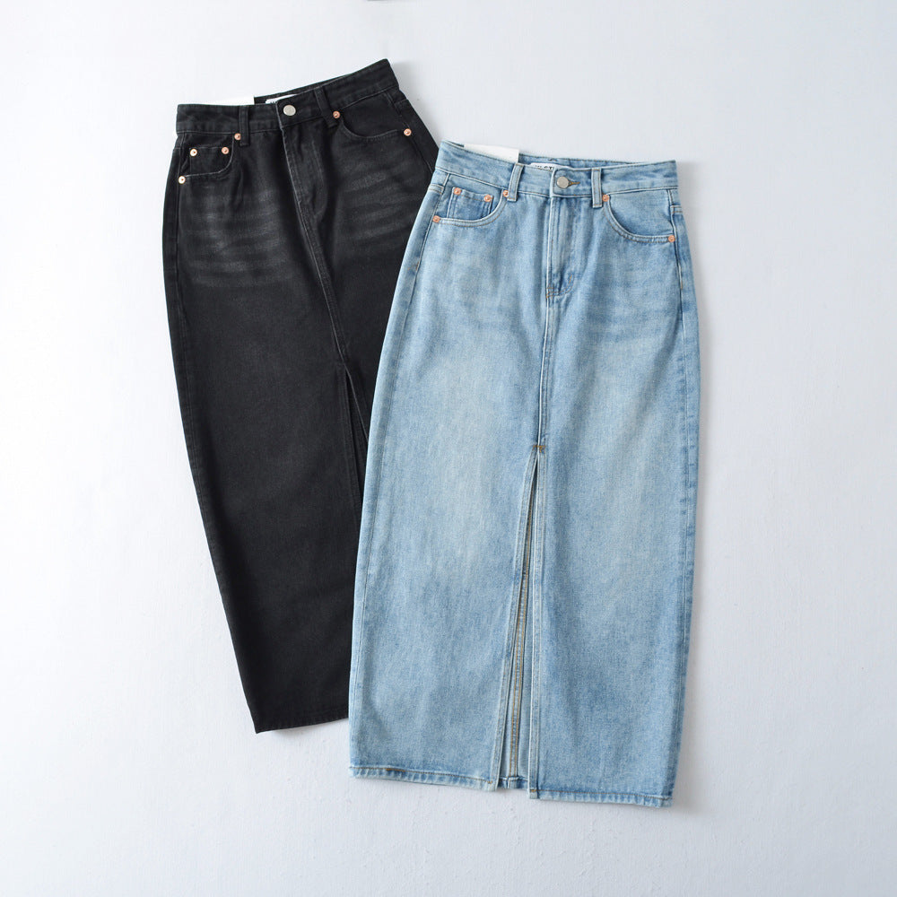 Front Slit Stretch Denim Midi Skirt