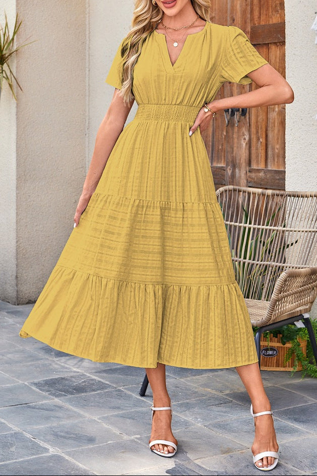 Women V Neck Ruched Puff Sleeve Swing Dress