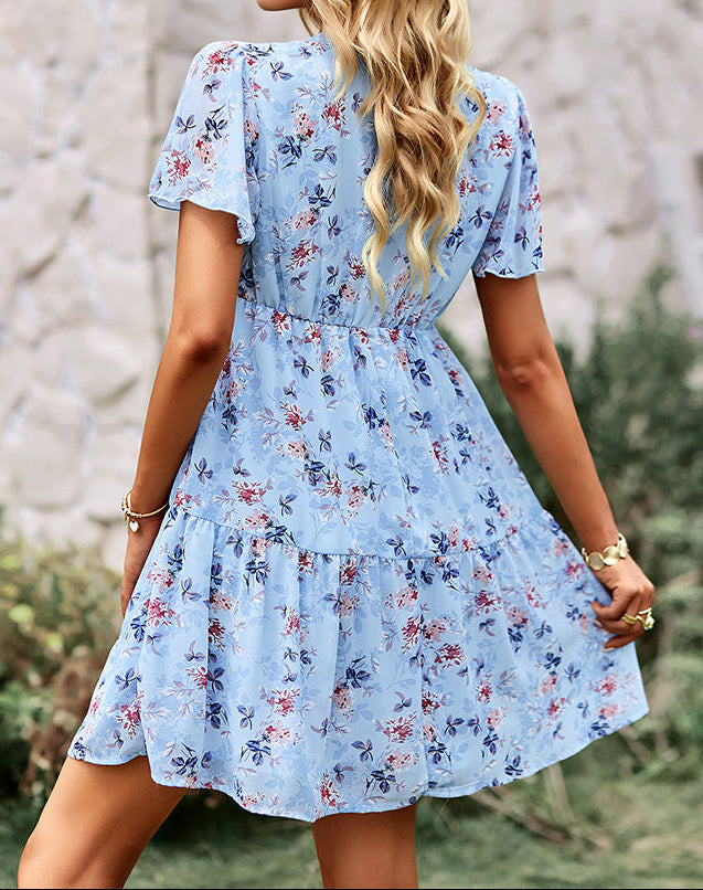 Vintage Floral V Neck Dress Elegant Country Style