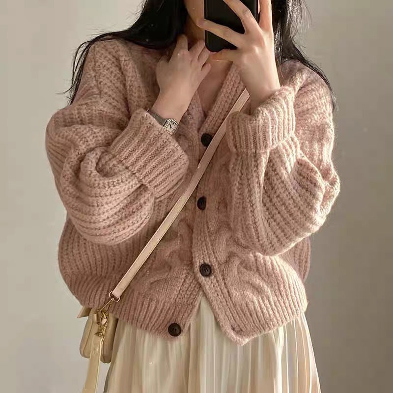 Relaxed V-Neck Puff Sleeve Knit Cardigan