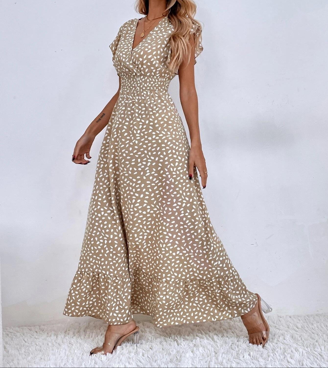 V-Neck Ruffle Waist Maxi Dress