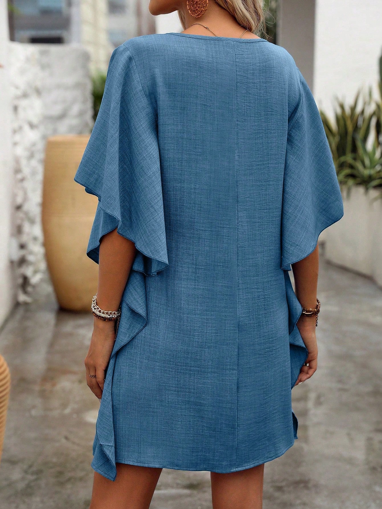 Women Solid Color Ruffle Loose V Neck Dress
