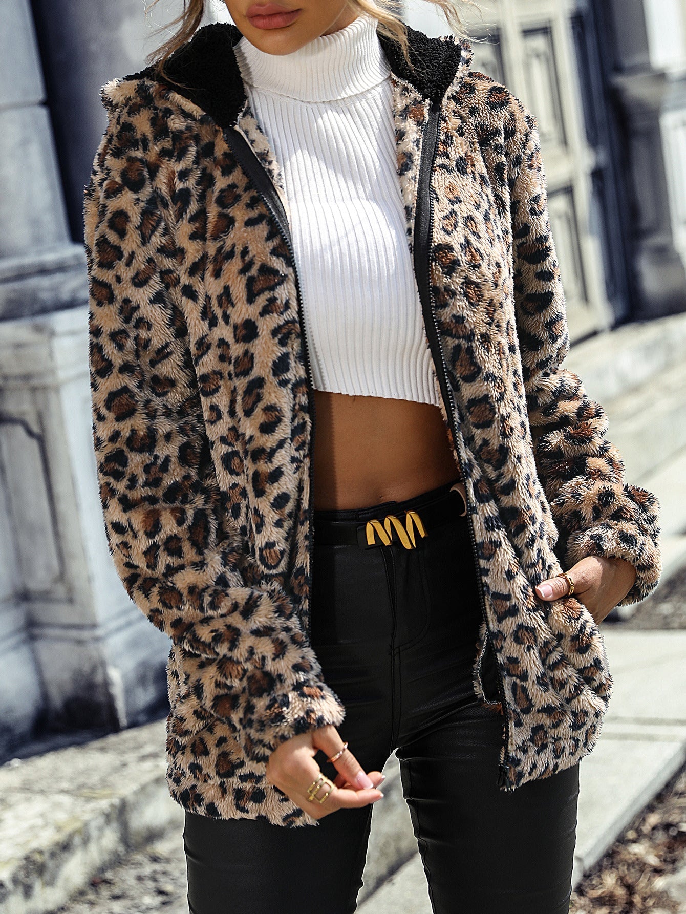 Hooded Leopard Print Fleece Mid-Length Jacket