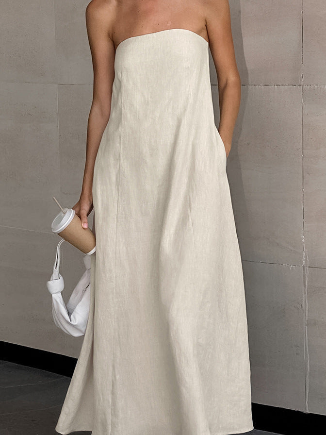 French Style Strapless Backless Linen Maxi Dress