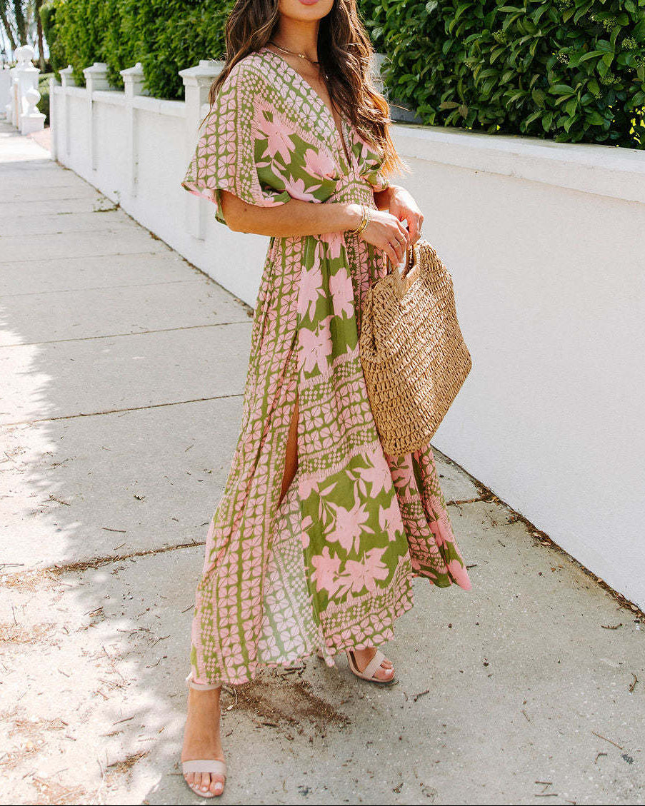 High Waist Printed Slit Maxi Dress
