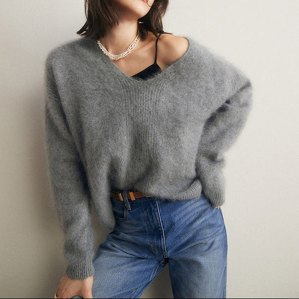 Soft Faux Mink V-Neck Knit Sweater