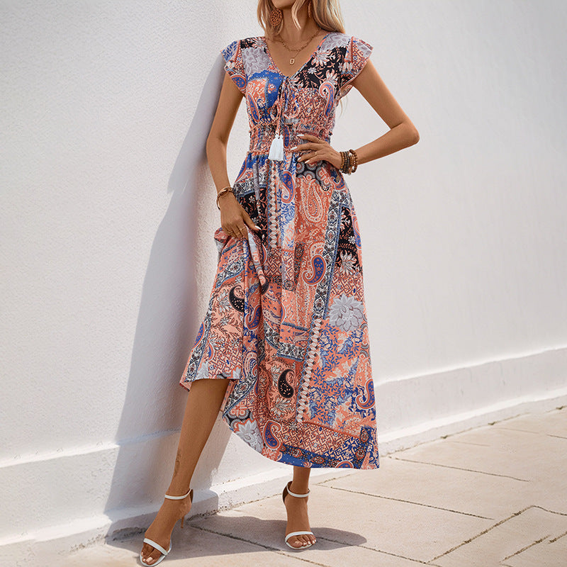 Paisley Print Maxi Dress with Tie Waist