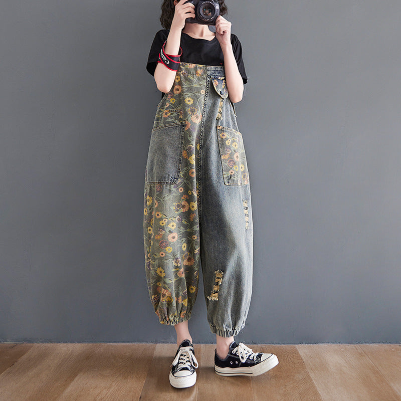 Plus Size Printed Denim Overalls