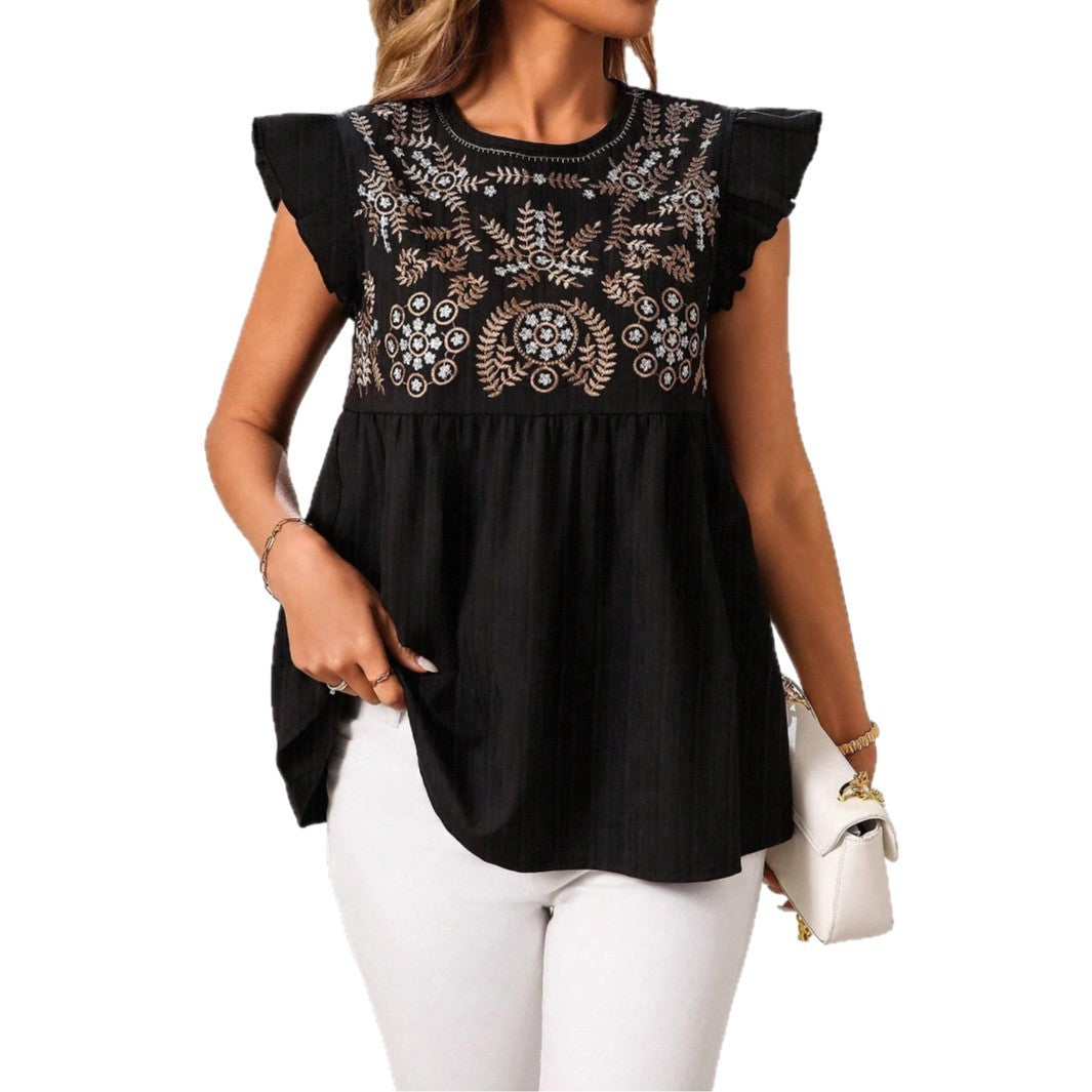 Embroidered Flutter Sleeve Top